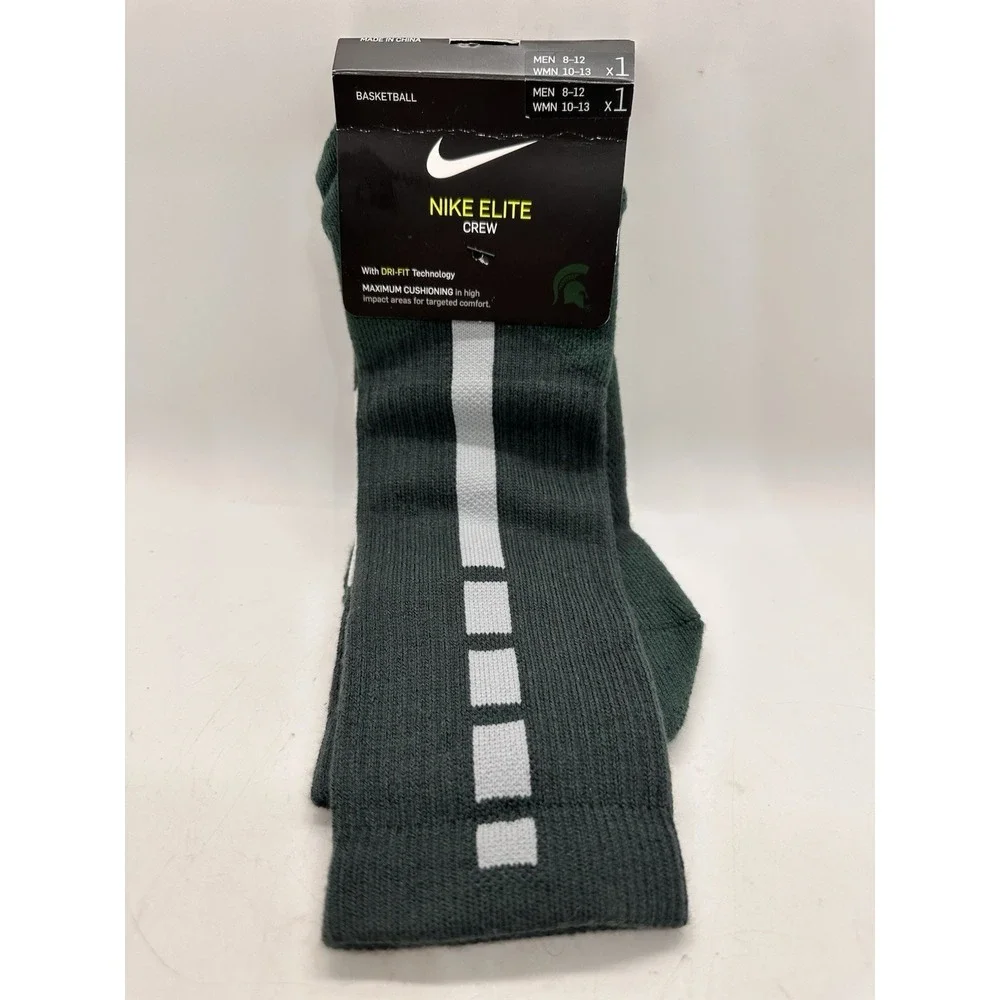 Nike Elite Crew Socks Michigan State Spartans Green White Size L Men 8-12 NWT‎